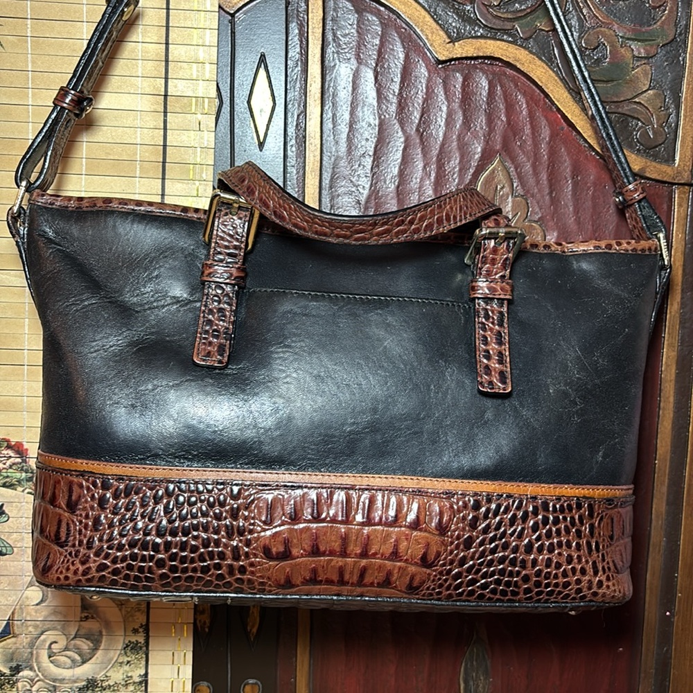 Brahmin Leather Mini Tote Black Pecan Croc Tan w Adj Strap 13”Wx7.25”Hx4.5”W - Picture 7 of 17